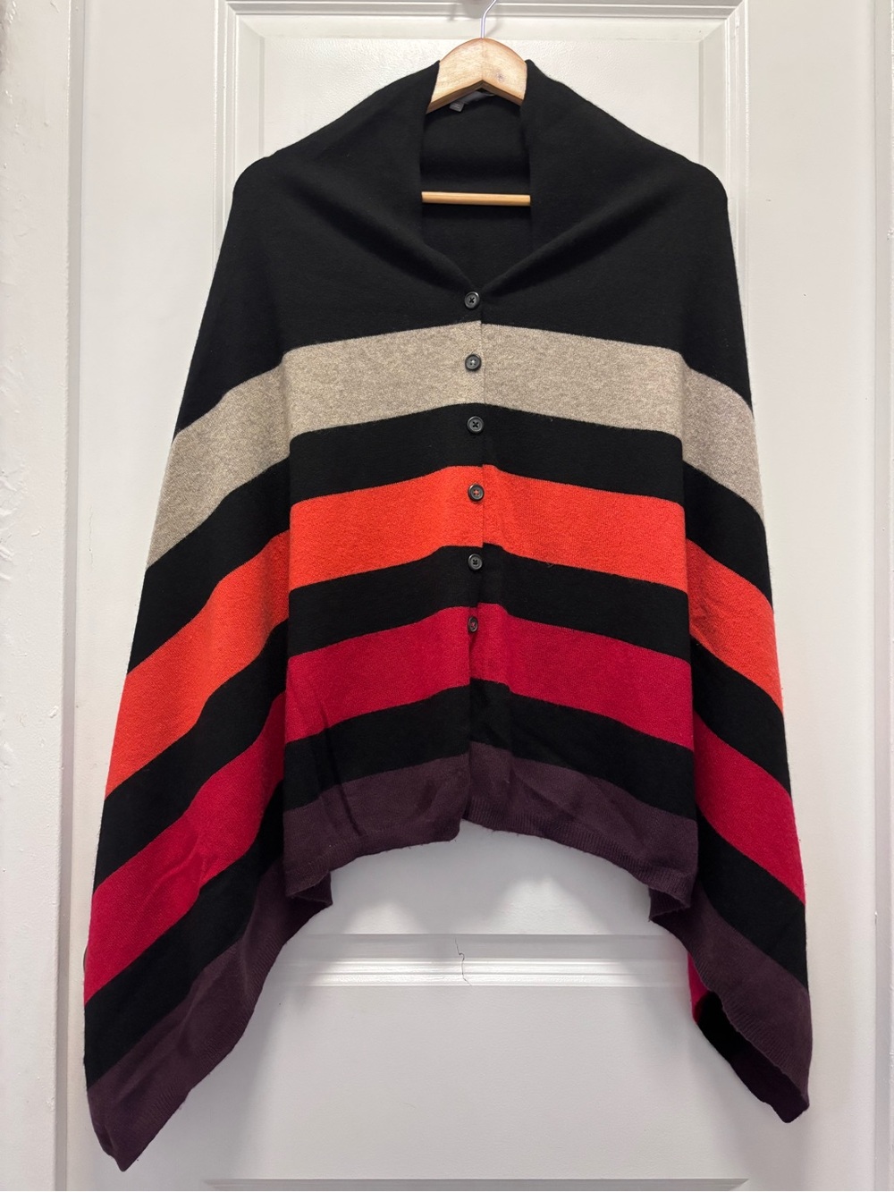 360 Cashmere Striped Button-Front Poncho in Black, Cream, Orange, Red and Purple